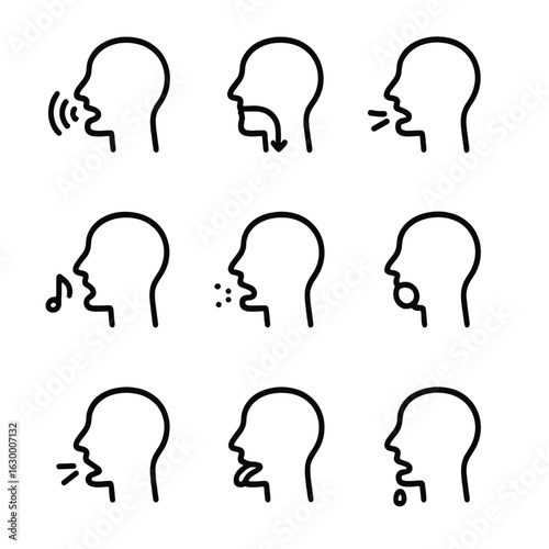 Throat Function Icons. Outline icon set of throat functions: speaking, swallowing, breathing, singing, coughing, yawning, sneezing