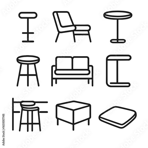 Rooftop Seating Icons. Outline icon set of rooftop bar seating arrangements: bar stool, lounge chair, high-top table, footrest,