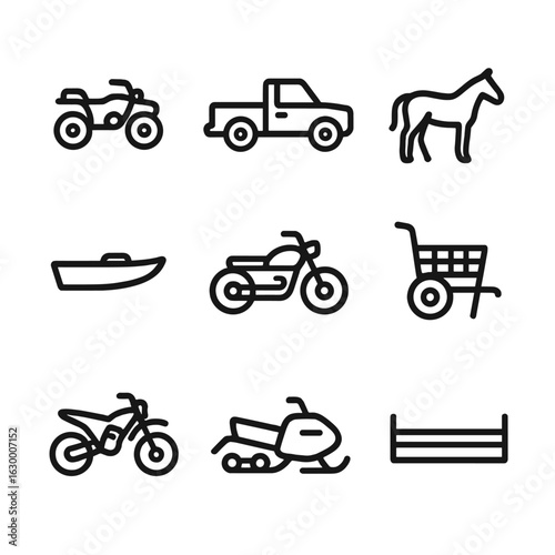 Hunting Transport Icons. Outline icon set of hunting transportation: ATV, pickup truck, horse, boat, motorcycle, hunting cart,
