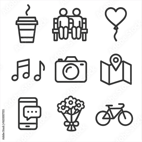 Romantic Stroll Icons. Outline icon set of romantic city stroll scenes: coffee cup, shared bench, heart balloon, music notes,