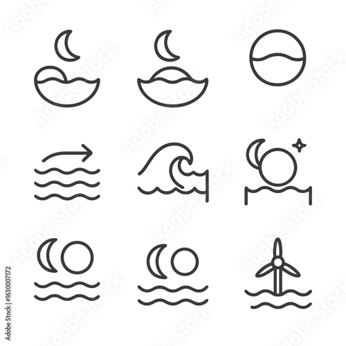 Tidal Icon Collection. Outline icon set of tidal forces and effects: high tide, low tide, tidal bulge, ocean current, tidal bore,