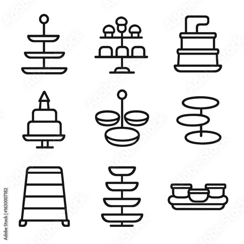 Tiered Serveware Icons. Outline icon set of tiered serveware: three-tier stand, cupcake tower, snack tower, wedding cake stand,