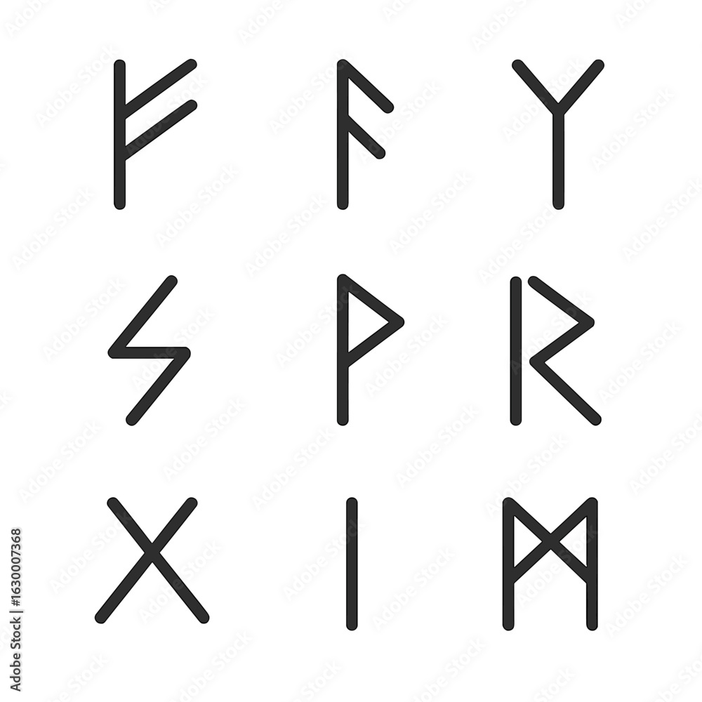 Fototapeta premium Runic Icon Grid. Outline icon set of runic characters: Fehu rune, Ansuz rune, Algiz rune, Sowilo rune, Thurisaz rune, Raidho rune,