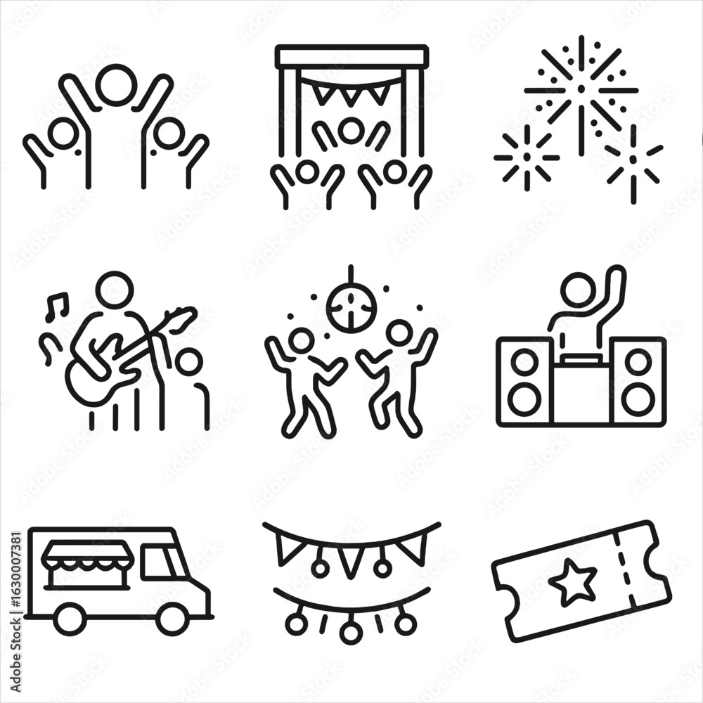 Fototapeta premium Event Icons Outline. Outline icon set of event cheering: concert crowd, festival stage, fireworks, live band, dance floor, DJ