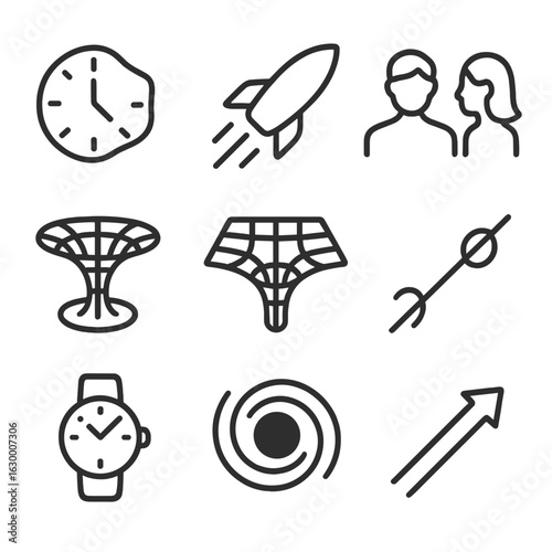 Time Dilation Icons. Outline icon set of time dilation concepts: clock face warped, spaceship silhouette near light speed, twin