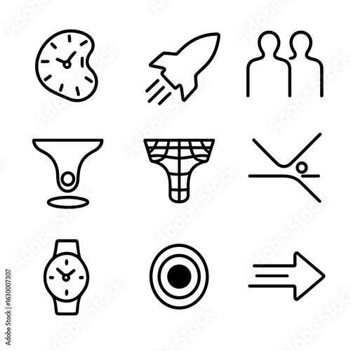 Time Dilation Icons. Outline icon set of time dilation concepts: clock face warped, spaceship silhouette near light speed, twin