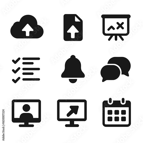 Collaboration Tools Icons. Solid, filled icons set of online collaboration tools: cloud storage, file upload,