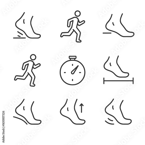 Running Gait Icon Set. Outline icon set of running gait phases: heel strike, midstance support, toe-off propulsion, flight phase,