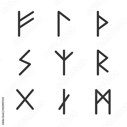 Runic Icon Grid. Outline icon set of runic characters: Fehu rune, Ansuz rune, Algiz rune, Sowilo rune, Thurisaz rune, Raidho rune,