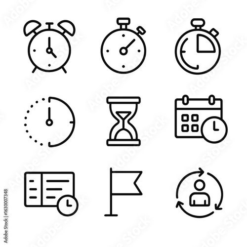 Time Management Icons. Outline icon set of time management: alarm clock, stopwatch, timer, countdown, hourglass, calendar with