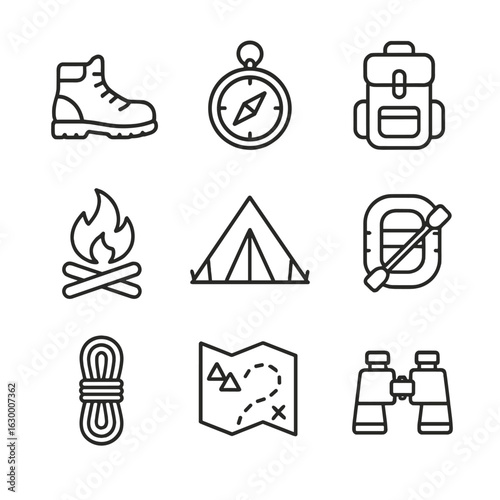 Iconic Adventure Gear. Outline icon set of untamed adventure: hiking boots, compass, backpack, campfire, tent, river raft,