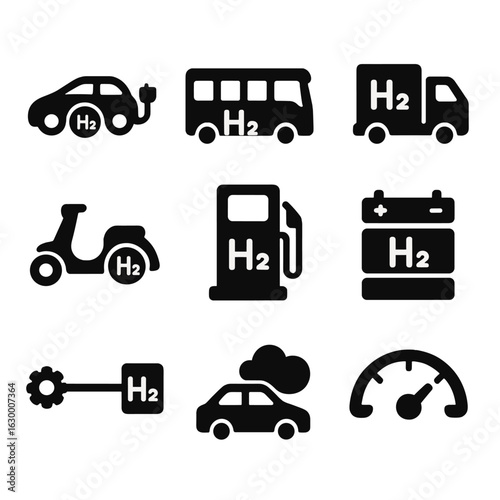 Hydrogen Vehicle Icons. Solid, filled icon set of hydrogen fuel cell vehicles: electric car, bus, truck, scooter, fueling station,