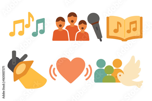 Sacred Music Unity Icons. Flat vector mini-illustrations sacred music concerts promoting unity in colors children's illustrations: