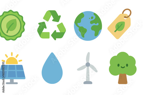 Safety and Eco Icons. Flat vector mini-illustrations safety standard compliance in colors children's illustrations: hard hat,