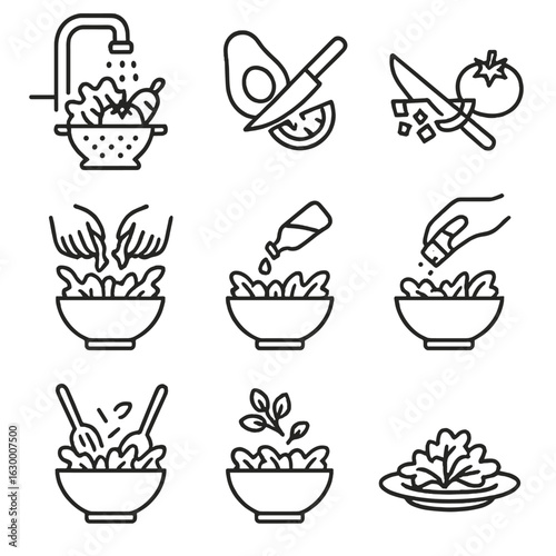 Salad Assembly Icons. Outline icon set of salad assembly steps: rinse produce, slice avocado, chop tomatoes, tear greens, drizzle
