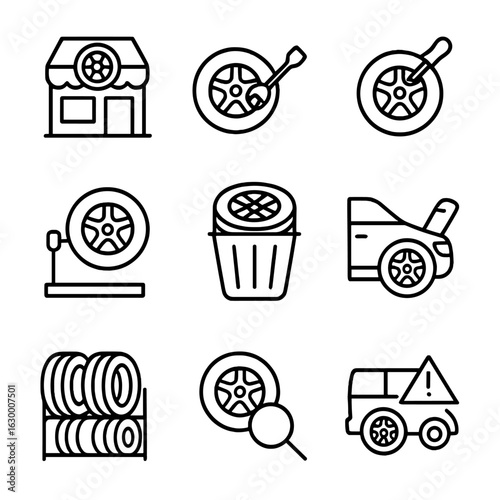 Tire Service Icons. Outline icon set of tire services: tire shop, tire change, tire repair, tire balancing, tire disposal, tire