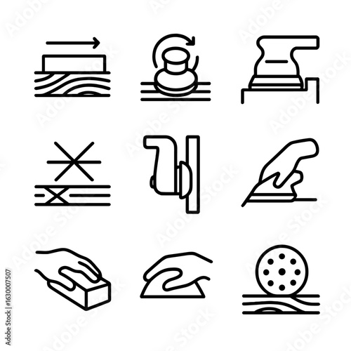 Sanding Techniques Icons. Outline icon set of sanding techniques and motions: straight-line sanding, circular sanding, orbital