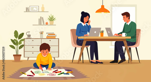 Parents working from home on laptops while their young son draws on the floor. A vector illustration of modern family life and work-life balance.