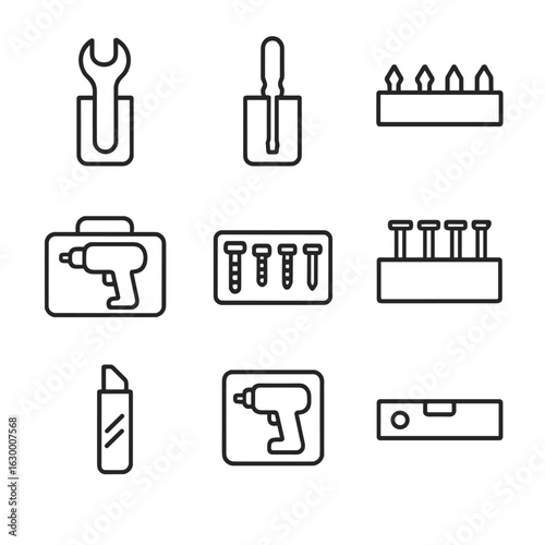 Tool Icon Grid. Outline icon set of tool compartments: wrench holder, screwdriver slot, bits organizer, drill case, bolts section,