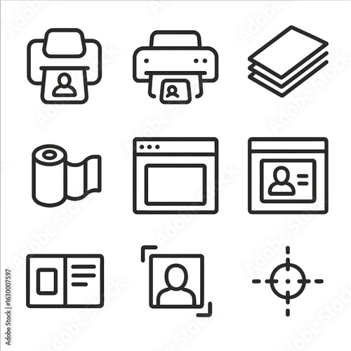 ID Printing Tools Icons. Outline icon set of ID card printing tools: ID printer, laminator, card stock, ribbon roll, software