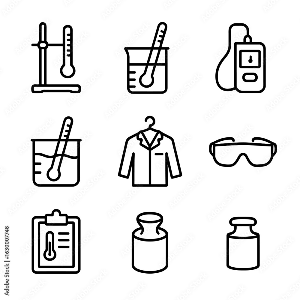 Fototapeta premium Scientific Temperature Icons. Outline icon set of scientific temperature measurement: lab thermometer in stand, beaker with