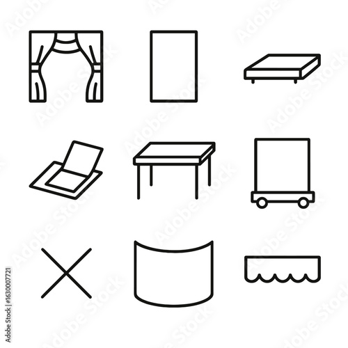 Scenic Stage Icons. Outline icon set of scenic and set pieces: backdrop curtain, flat wall panel, platform riser, trap door hatch,