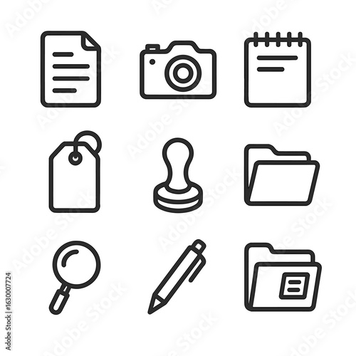 Evidence Icon Set. Outline icon set of evidence documentation: report, camera, notebook, evidence tag, seal stamp, file folder,