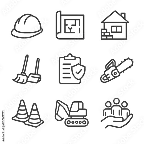 Tornado Recovery Icons. Outline icon set of tornado aftermath recovery: construction helmet, blueprint, rebuilding house,