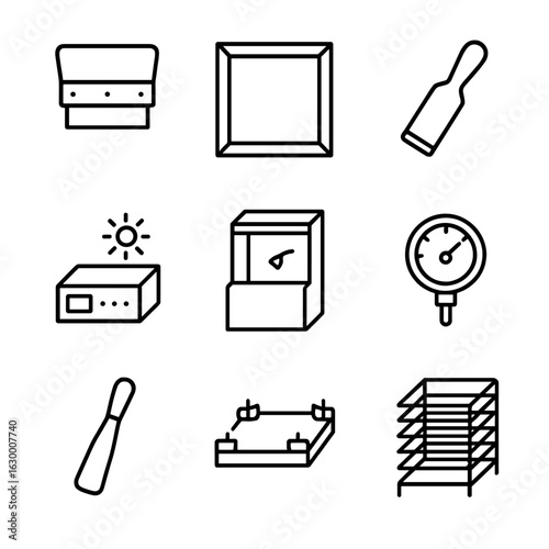 Screen Printing Icons. Outline icon set of screen printing tools: squeegee, screen frame, emulsion scoop, exposure unit, washout