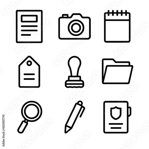 Evidence Icon Set. Outline icon set of evidence documentation: report, camera, notebook, evidence tag, seal stamp, file folder,
