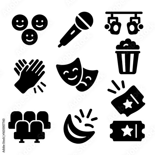 Comedy Icons Grid. Solid, filled icons set of Live comedy show audience: smiling faces, microphone, stage
