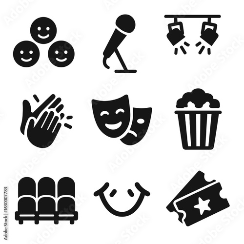 Comedy Icons Grid. Solid, filled icons set of Live comedy show audience: smiling faces, microphone, stage