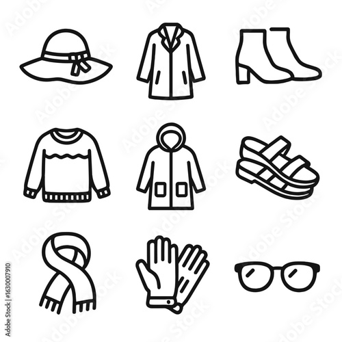 Seasonal Outfit Icons. Outline icon set of seasonal outfit details: sun hat, lightweight coat, ankle boots, knit sweater, raincoat