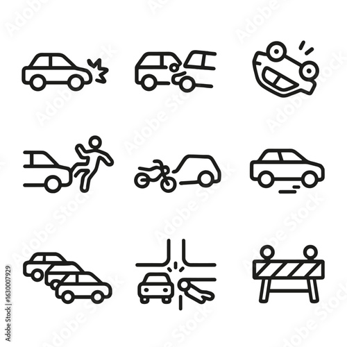 Traffic Accident Icons. Outline icon set of traffic accidents: rear-end collision, side impact, rollover, pedestrian hit,
