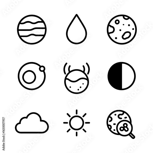 Exoplanet Features Icons. Outline icon set of habitable exoplanet features: breathable atmosphere, liquid water, rocky surface,
