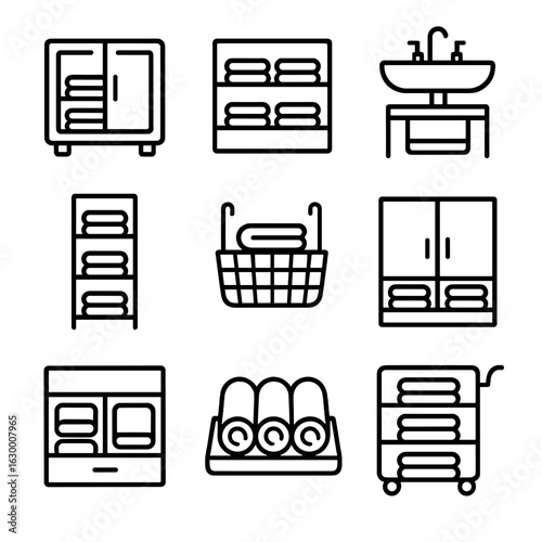 Towel Storage Icons. Outline icon set of towel storage: towel cabinet, open shelf with towels, under sink towel bin, drawer