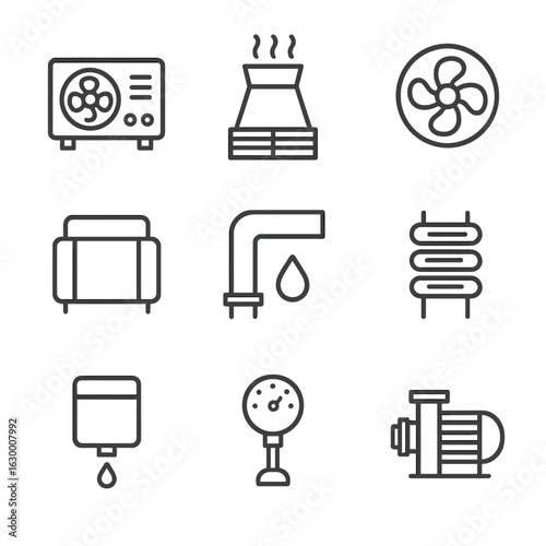 Industrial Cooling Icons. Outline icon set of industrial cooling: chiller unit, cooling tower outline, industrial fan, glycol loop
