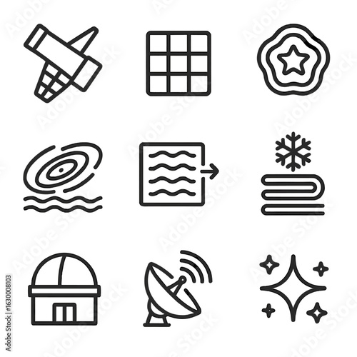 Infrared Astronomy Icons. Outline icon set of infrared astronomy: space telescope, IR sensor array, star heat signature, galaxy