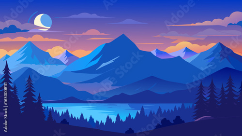 Vector art of serene blue mountains at dusk with a crescent moon, reflecting in a tranquil lake amidst a dark pine forest