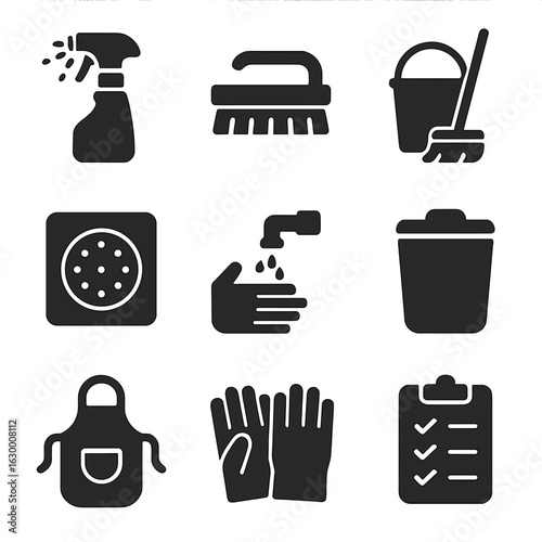 Commercial Kitchen Hygiene Icons. Solid, filled icons set of commercial kitchen hygiene: sanitizer spray,