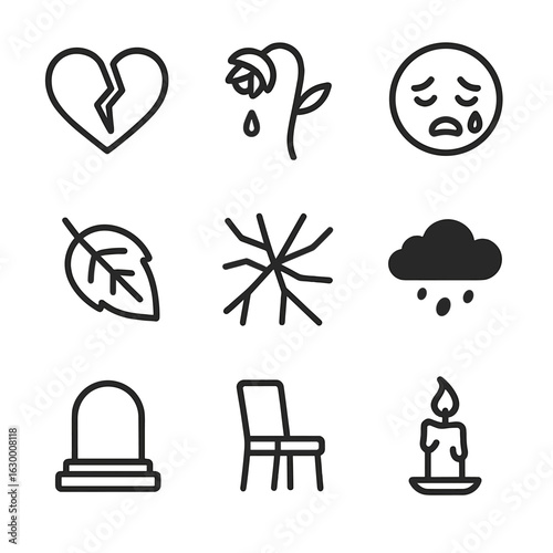 Tragic Icon Set. Outline icon set of tragedy: broken heart, wilted rose, crying face, fallen leaf, cracked glass, black cloud,