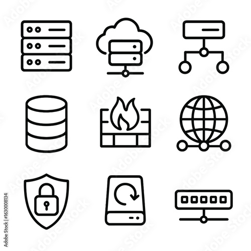 Infrastructure Icon Set. Outline icon set of platform infrastructure: server rack, cloud server, load balancer, database, firewall