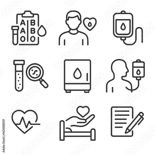 Transfusion Process Icons. Outline icon set of transfusion process steps: blood typing, donor selection, blood collection, testing