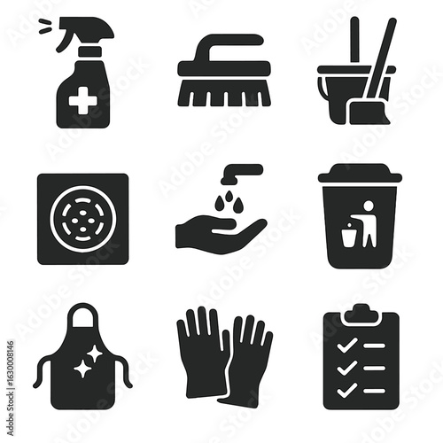 Commercial Kitchen Hygiene Icons. Solid, filled icons set of commercial kitchen hygiene: sanitizer spray,