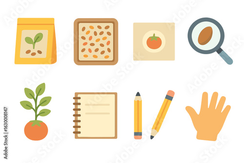 Seed Saving Fun. Flat vector mini-illustrations seed saving and heirloom preservation in colors children's illustrations: seed