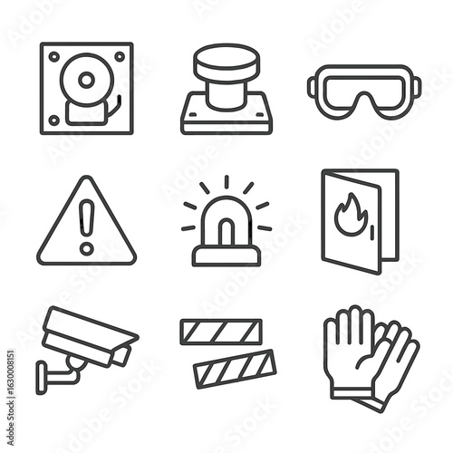 Explosion Prevention Icons. Outline icon set of explosion prevention: fire alarm, emergency stop button, safety goggles, warning