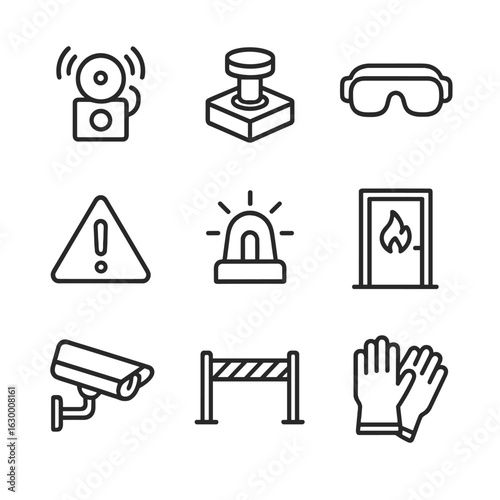 Explosion Prevention Icons. Outline icon set of explosion prevention: fire alarm, emergency stop button, safety goggles, warning