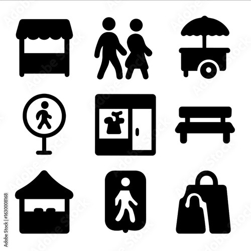 Commercial Icons Grid. Solid, filled icons set of Commercial pedestrian zone: market stalls, shoppers, food