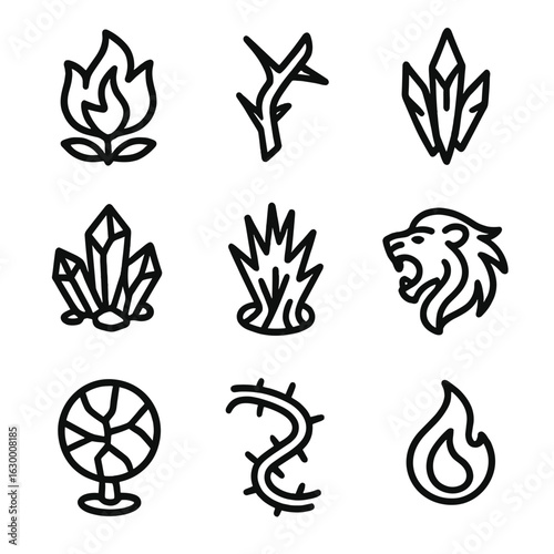 Explosive Elegance Icons. Outline icon set of explosive elegance: fiery bloom, broken thorn, sharp ice, jagged crystal, splintered