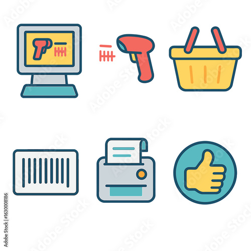 Self-Checkout Kiosk Icons. Flat vector mini-illustrations of self checkout kiosk barcode scanning in progress in colors children’s